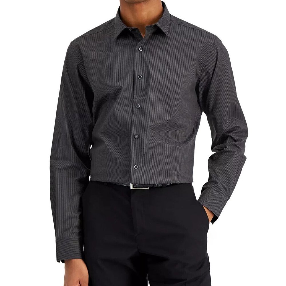 ALFANI Men's Black Striped Slim Fit Dress Shirt Blended Size M - L - XL - XXL